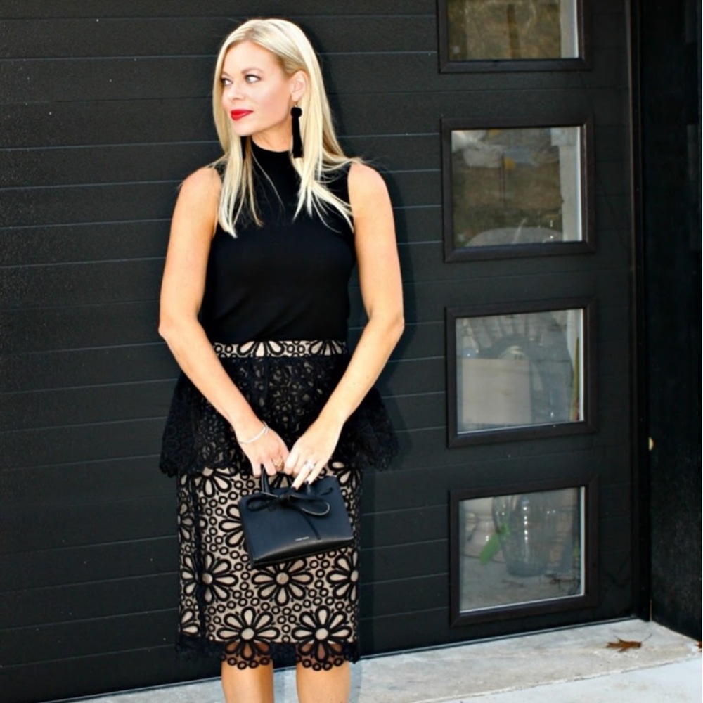 RACHEL PARCELL Black Organza Lace Peplum Skirt